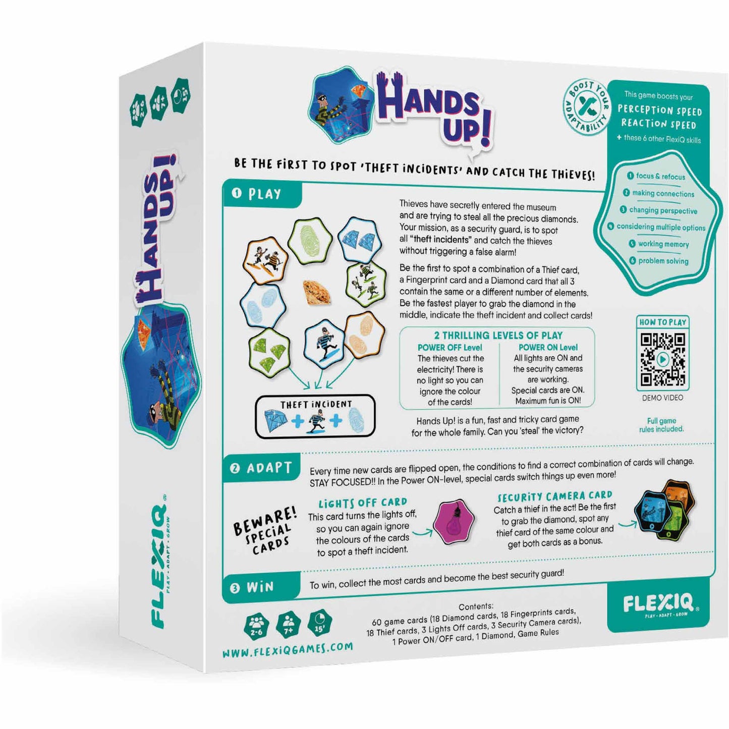 Photo of back of box of Hands Up! flexible thinking game by FLEXIQ.
