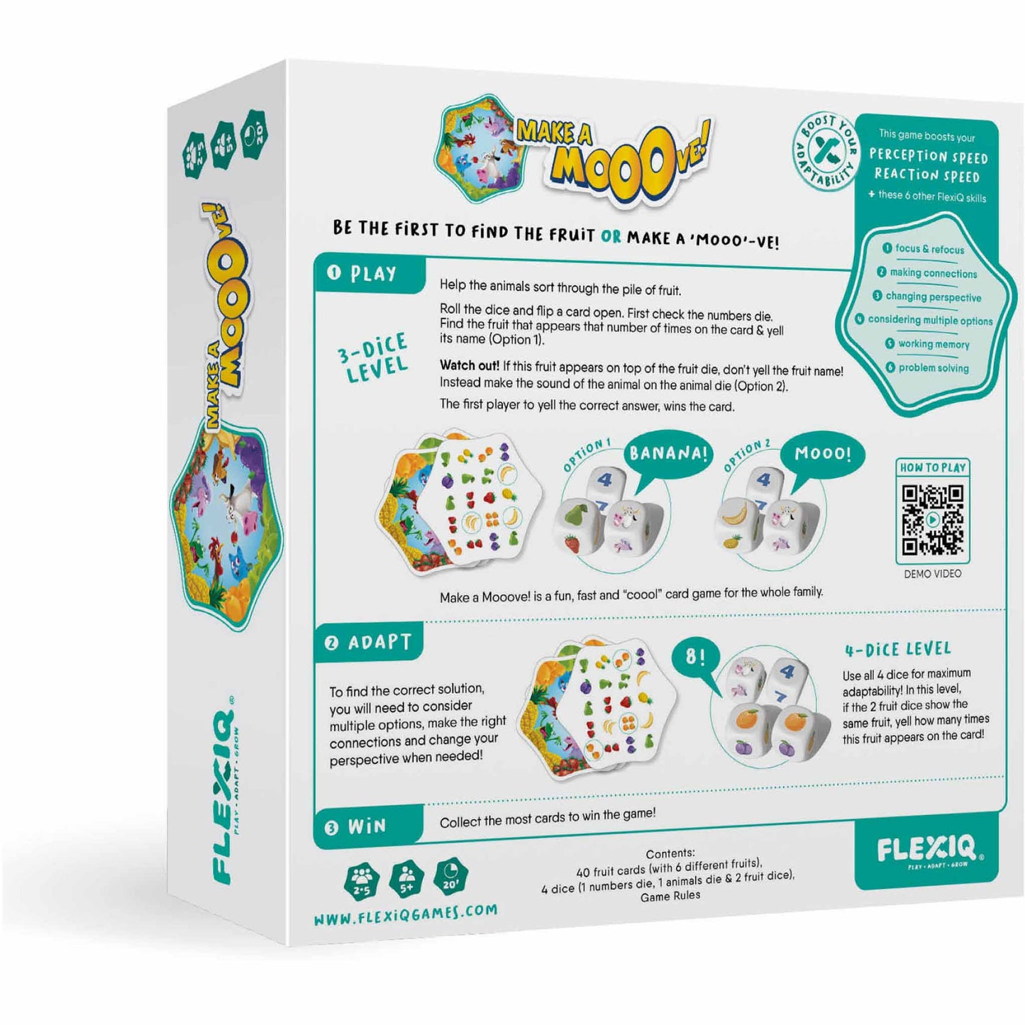 Photo of back of box of Make a Moove game by FLEXIQ.