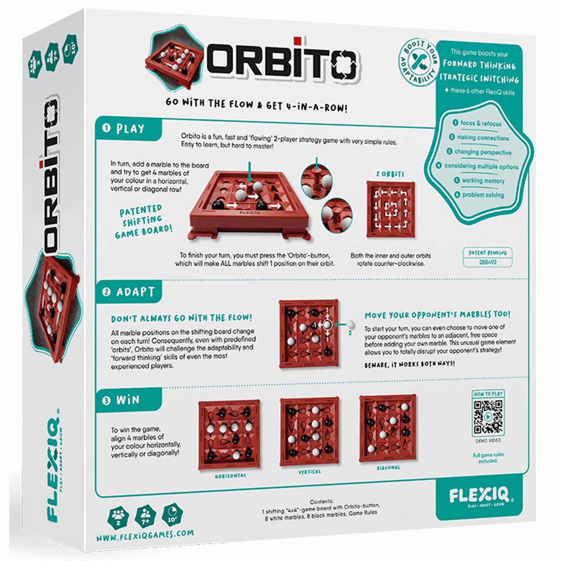 Photo of back of box of Orbito board game by FLEXIQ.