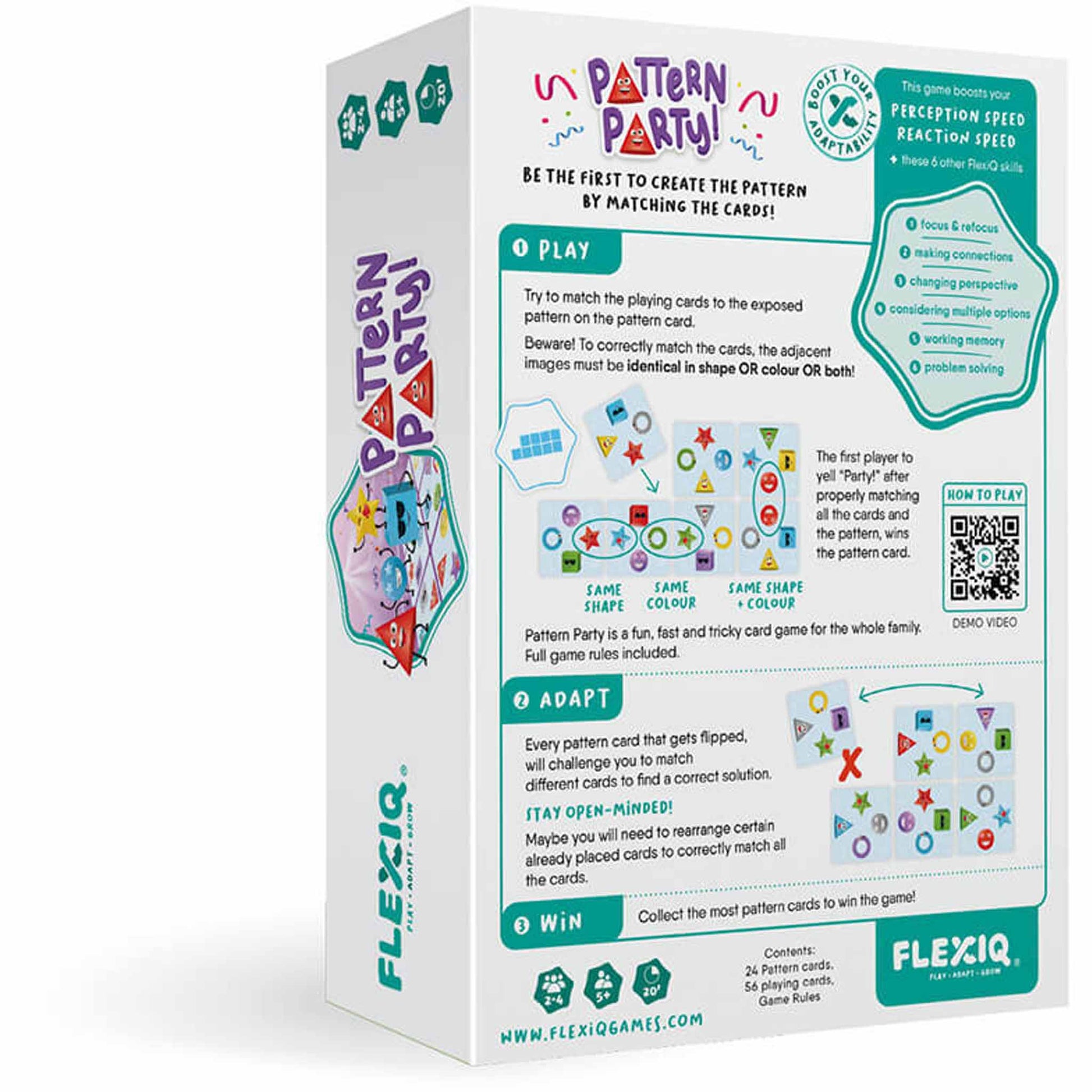 Photo of back of box of Pattern Party reaction speed game by FLEXIQ.