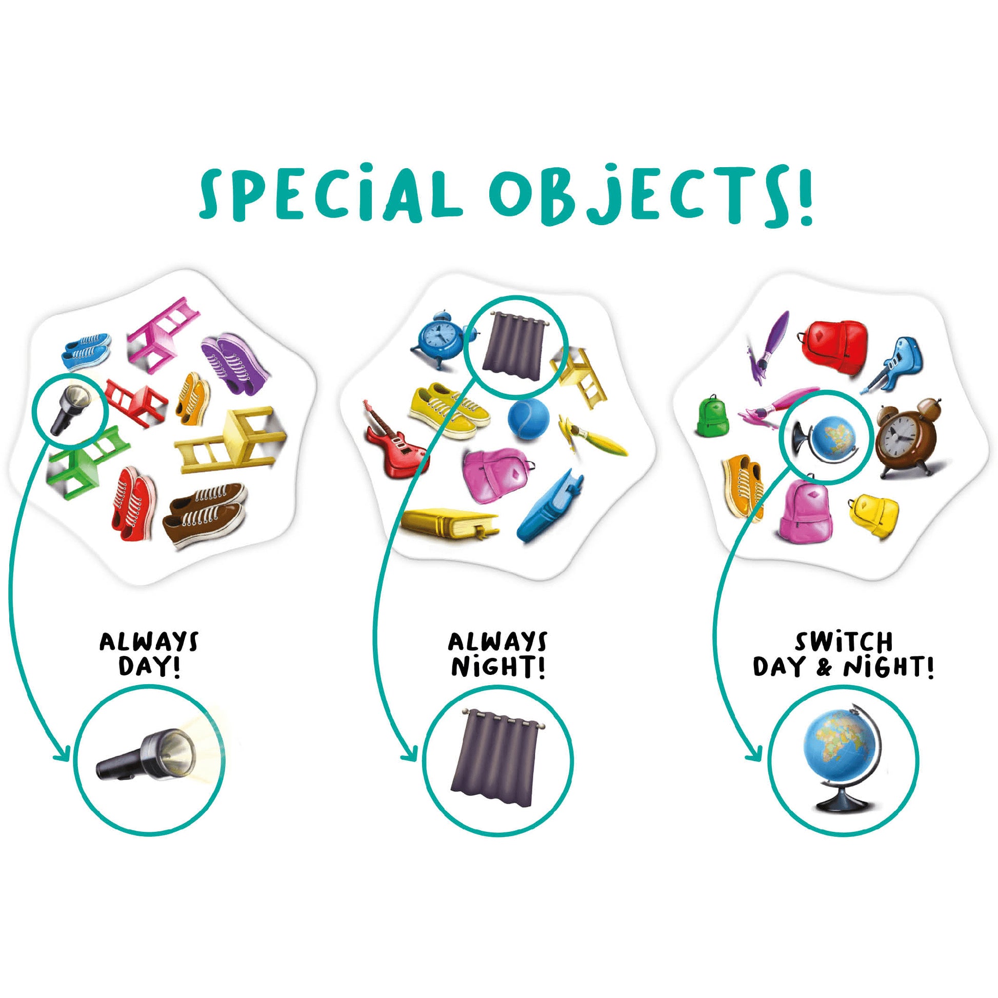 Photo of cards showing special objects in Switch It! game by FLEXIQ.