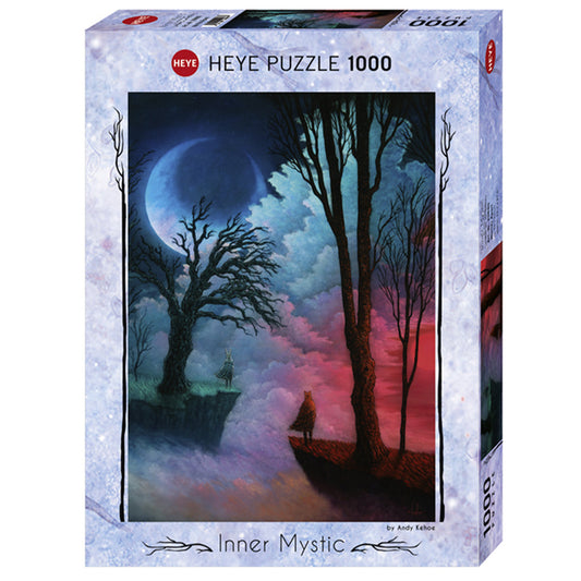 Photo of box of Worlds Apart Inner Mystic puzzle by HEYE.  With art by Andy Kehoe.