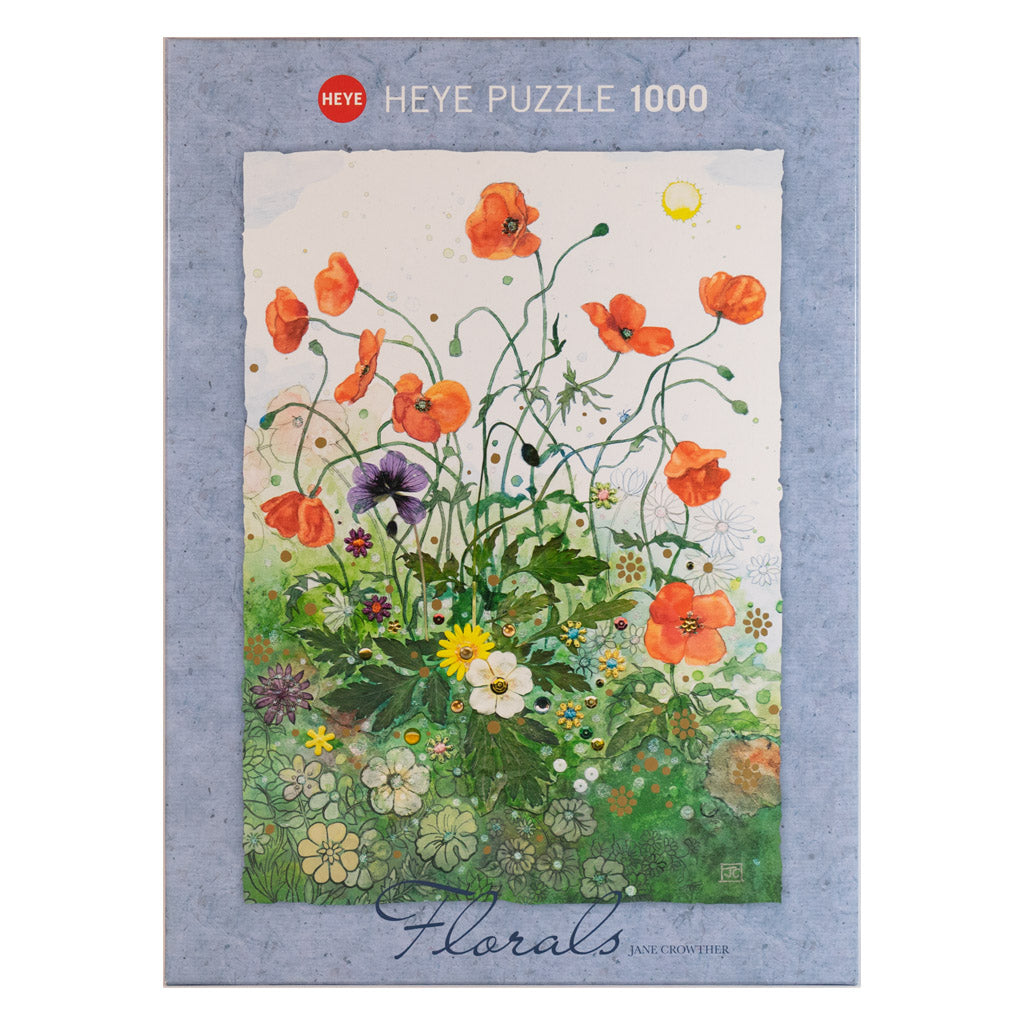 Photo of box of Red Poppies Florals puzzle by HEYE.  Artist Jane Crowther.