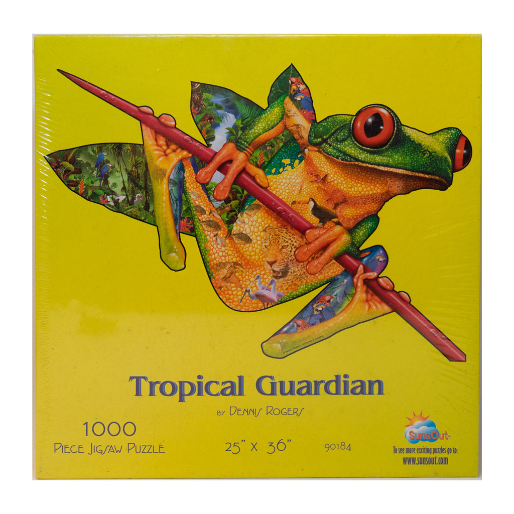 Photo of box of Tropical Guardian Sunsout shaped jigsaw puzzle.